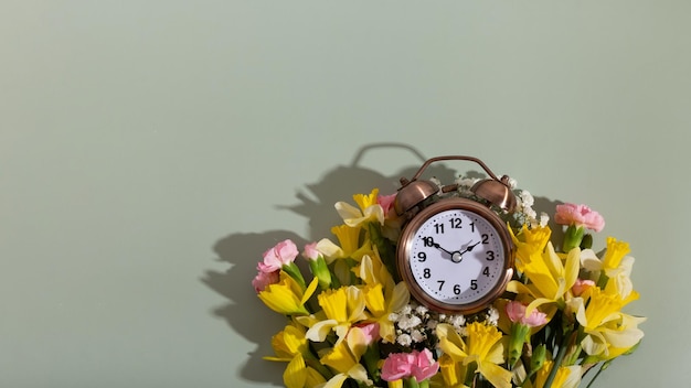 Relógio despertador com flores de primavera em fundo verde Horário de primavera Horário de verão Primavera para a frente