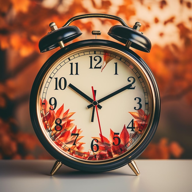 Relógio despertador com folhagem de outono fim do horário de verão no outono mudança de horário de inverno