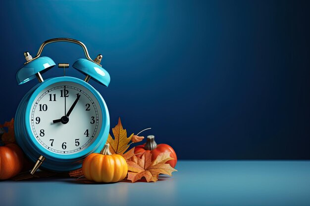 Foto relógio despertador com folhas de outono e abóbora em fundo azul