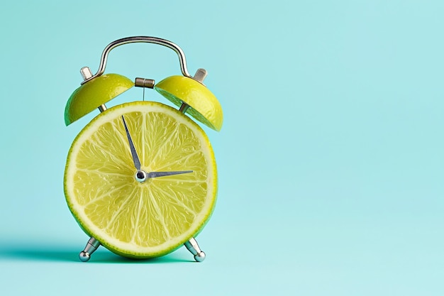 Relógio despertador com uma fruta de limão cortada em vez do mostrador do relógio Horário de verão bem-vindo ao verão Conceito minimalista criativo Vitaminas plano de dieta de frutas e vegano Relógio Despertador de citrinos