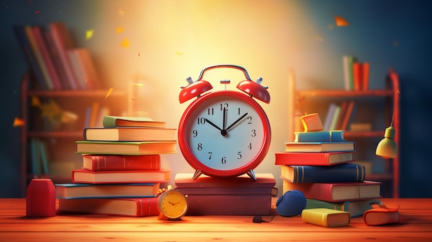 relógio despertador e livros na mesa na biblioteca antecedentes educacionais