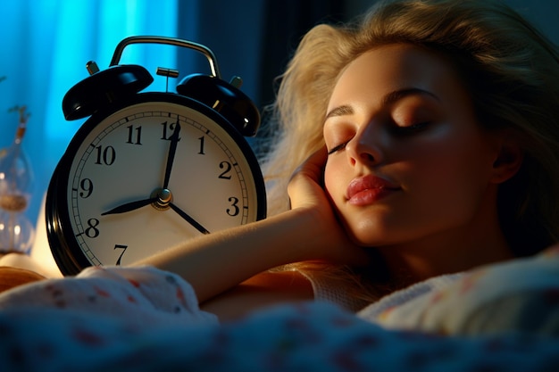 Relógio despertador em close-up com mulher adormecida no quarto Gerado por IA