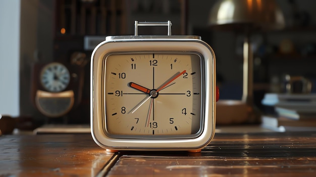 Relógio despertador retrô em uma mesa de madeira O relógio é branco com sotaques laranja e vermelho Tem uma forma quadrada e uma alça no topo