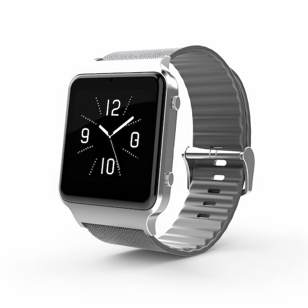 Relógio elegante Um relógio de pulso digital moderno se destaca em um fundo branco com elegância tecnológica