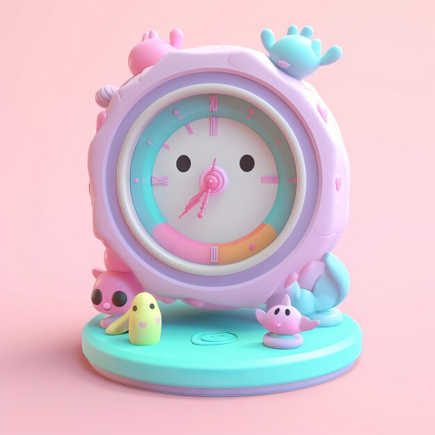 Relógio estrelado bonito e kawaii colorido em um fundo de tons pastel perfeito para iluminar