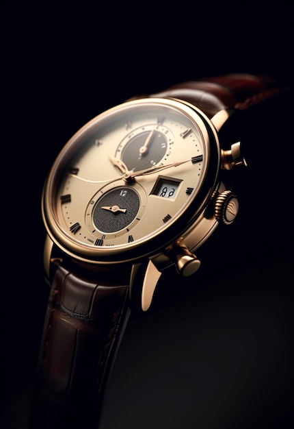 Relógio masculino de luxo conceito comercial sob medida design dourado em fundo escuro pós-processado ai generativo