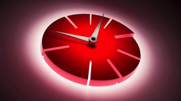 Foto el reloj 3d rojo es la hora de las 10 de la tarde. la aguja plateada está iluminada por la luz del dial. ilustración 3d.