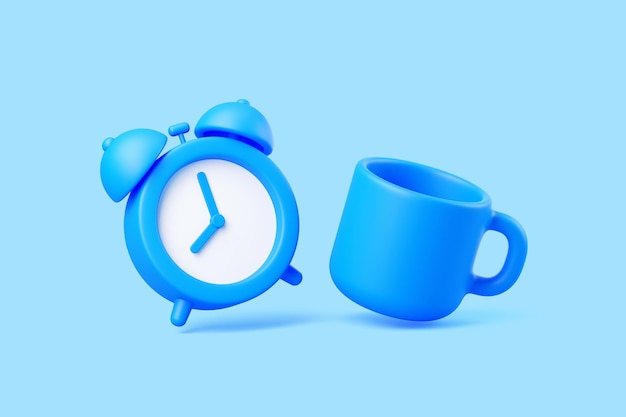 Reloj de alarma azul 3D y taza sobre un fondo azul claro