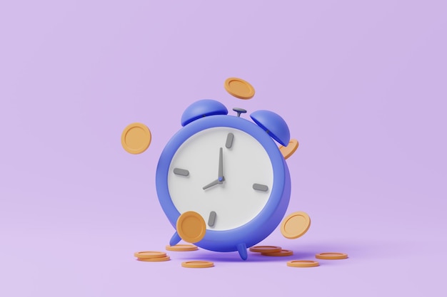 Foto reloj de alarma de dibujos animados azul con monedas de dinero en fondo púrpura en el concepto de tiempo es la renderización 3d más valiosa