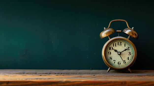 Reloj de alarma de época en una mesa de madera contra un fondo oscuro