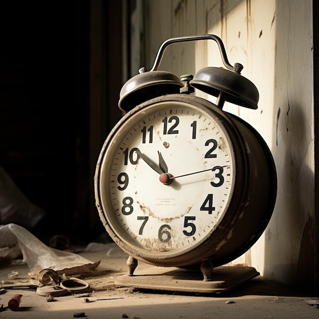 Reloj de alarma de época en una mesa de madera