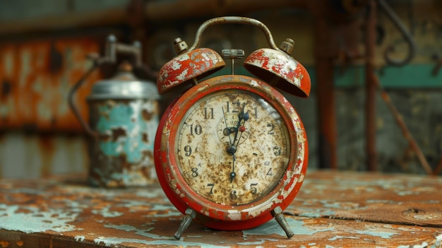 Foto reloj de alarma de época con pintura roja desgastada colocada contra un fondo industrial