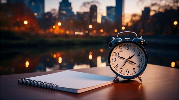 Reloj de alarma en una mesa con una ciudad en el fondo