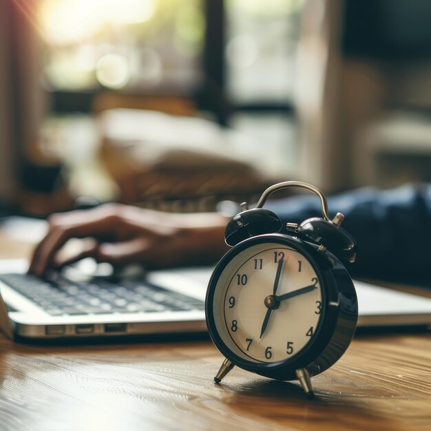Reloj de alarma en la mesa frente al hombre de negocios usando portátil en el concepto de trabajo de gestión del tiempo en el hogar