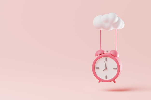 Foto reloj de alarma mínimo colgado de una nube sobre un fondo rosado la gestión del tiempo es un concepto importante de renderización 3d