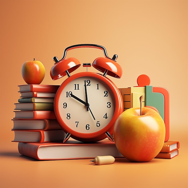 Reloj de alarma naranja con manzana roja y equipo escolar