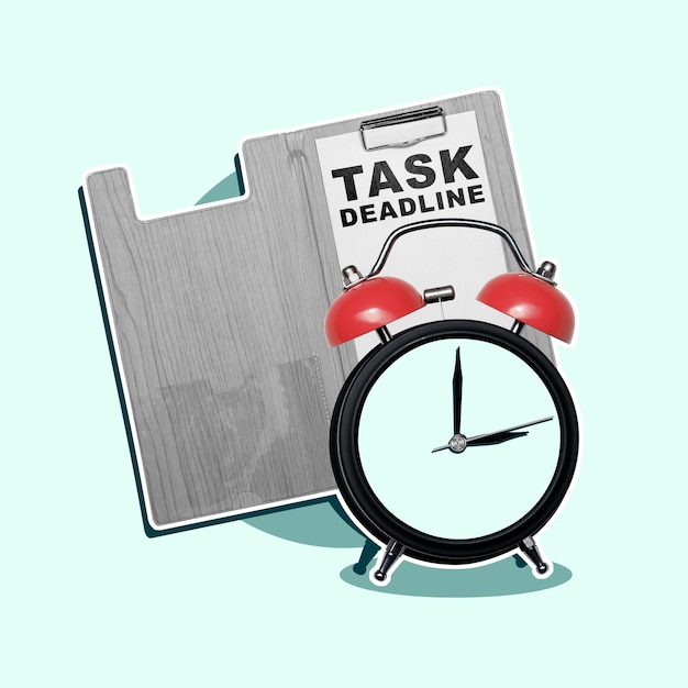 Reloj de alarma con una nota de fecha límite de la tarea