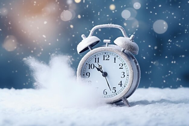 Reloj de alarma retro en la nieve con copos de nieve y bokeh