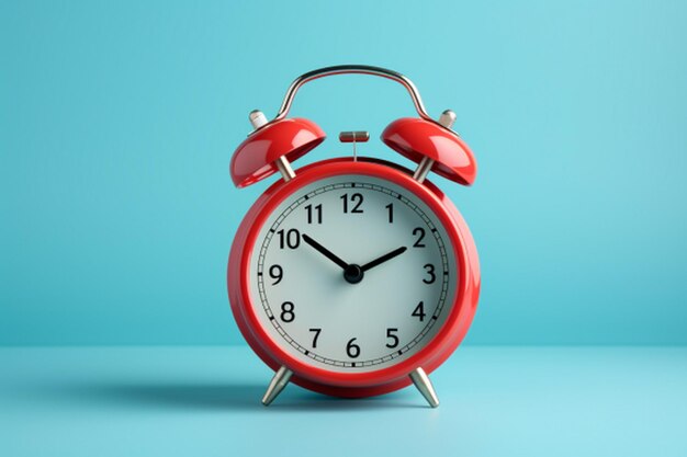 Reloj de alarma rojo sobre un fondo azul Ilustración de renderización 3D