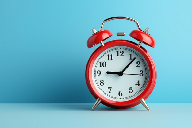 Reloj de alarma rojo sobre fondo azul renderización 3D Concepto de tiempo