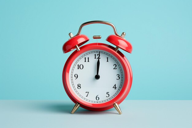 Reloj de alarma rojo sobre fondo azul renderización 3D Concepto de tiempo