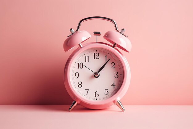 Reloj de alarma rosado sobre fondo rosado concepto de bienestar de insomnio