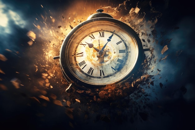 Reloj de alarma vintage con chispas cayendo en el fondo Concepto de tiempo El tiempo se está acabando Concepto muestra un reloj que se disuelve en pequeñas partículas Generado por IA