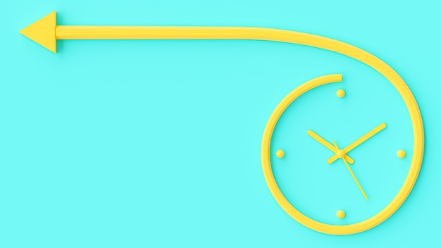 Reloj amarillo se asemeja a una flecha en la pared azul