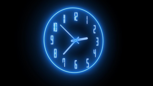 Reloj analógico de luz de neón azul aislado animado sobre fondo negro