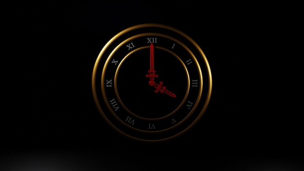 Reloj analógico de números romanos dorados que muestra el reloj 4 O en un fondo elegante y oscuro