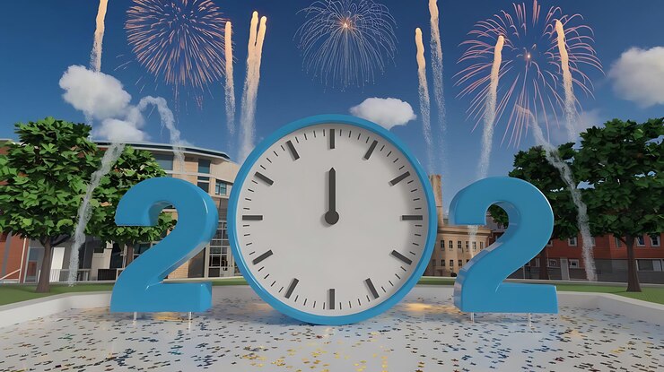 un reloj con el año nuevo Feliz año nuevo Fondo celebración del año nuevo en estilo 3D