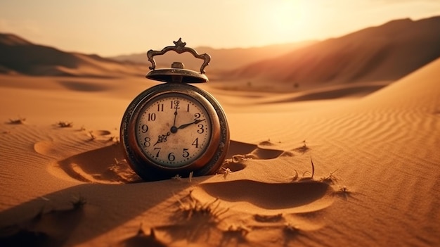 Foto reloj antiguo en un desierto concepto de paso del tiempo y tiempo final ia generativa