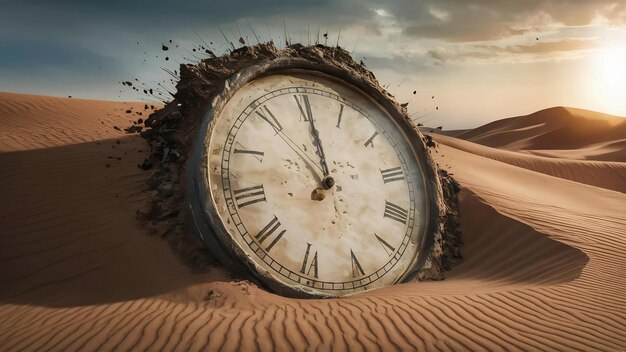 Foto el reloj antiguo se desintegra enterrado en la arena del desierto al final del tiempo