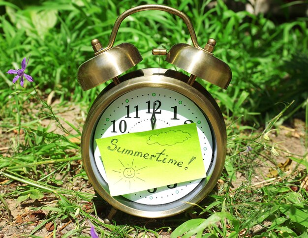 Reloj antiguo de verano sobre hierba