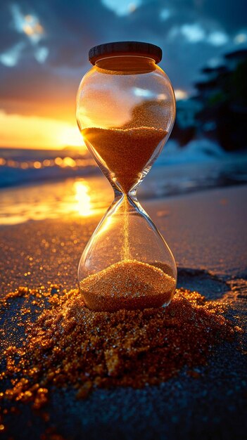 Reloj de arena al amanecer Un reloj de arena con arena que pasa a través de los bulbos de vidrio se utiliza para medir la cantidad de tiempo que pasa antes de una fecha límitexA