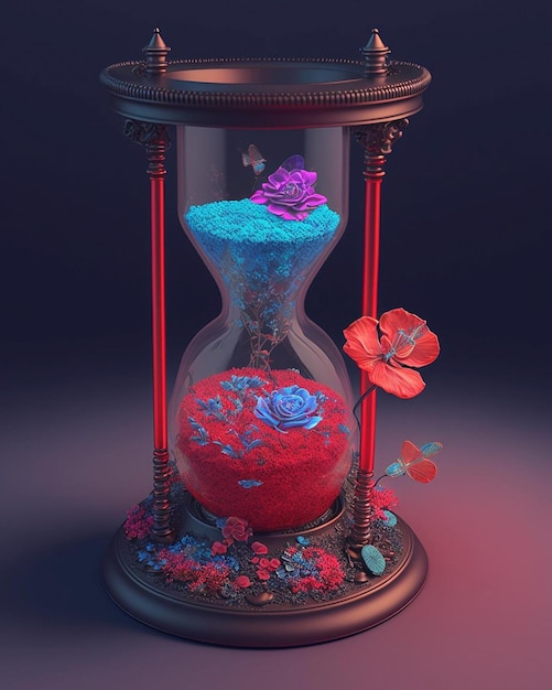 Un reloj de arena con arena azul y roja y flores.