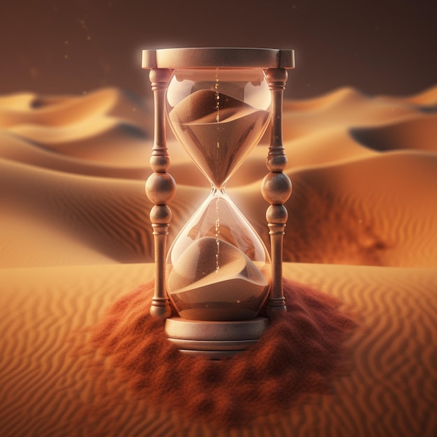 reloj de arena, en, arena, desierto, tiempo que pasa, concepto, 3d, interpretación