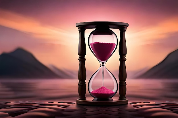 Reloj de arena con arena rosa sobre un fondo oscuro