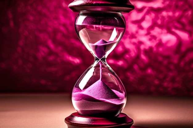 Foto un reloj de arena con arena rosa y violeta y la palabra tiempo en él