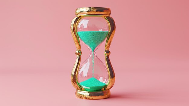 Reloj de arena en arena verde dorado sobre un fondo rosado