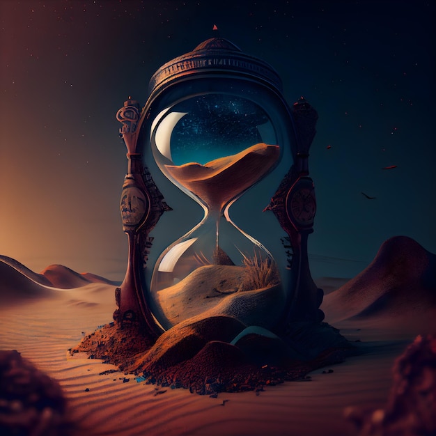 reloj de arena, en, desierto, 3d, ilustración, tiempo que pasa, concepto