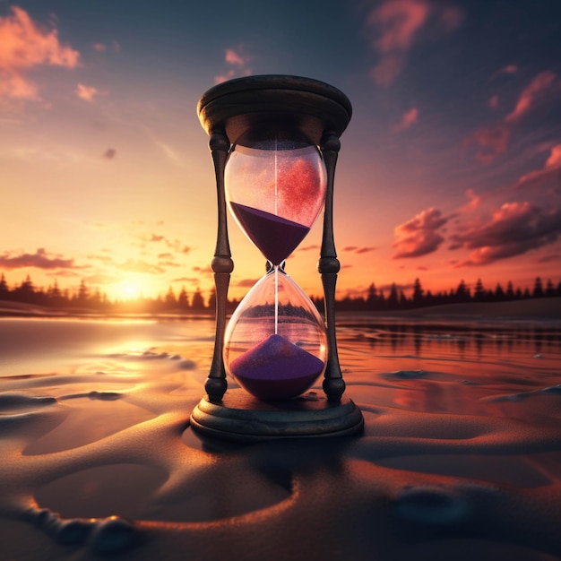 Reloj de arena en el fondo del atardecer Concepto de cuenta regresiva del plazo de tiempo