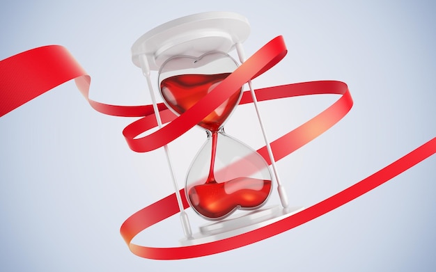 Reloj de arena en forma de corazón rojo envuelto con cinta 3D Render ilustración