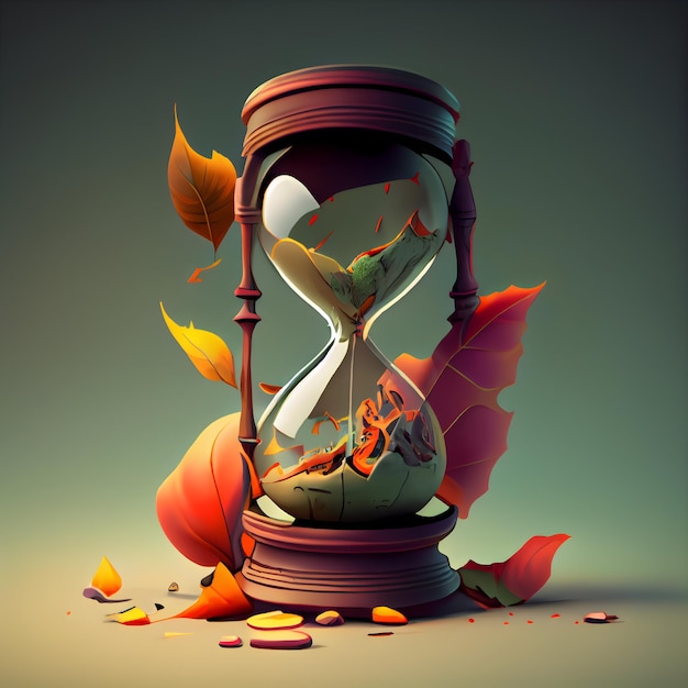 Reloj de arena con hojas de otoño Representación 3d Dibujo digital de computadora