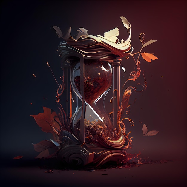 Reloj de arena con hojas de otoño sobre fondo oscuro Ilustración 3D