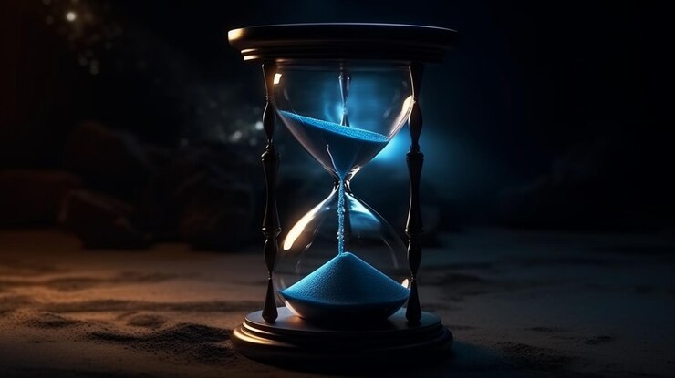 Un reloj de arena con luz azul que brilla en la oscuridadgenerativa ai