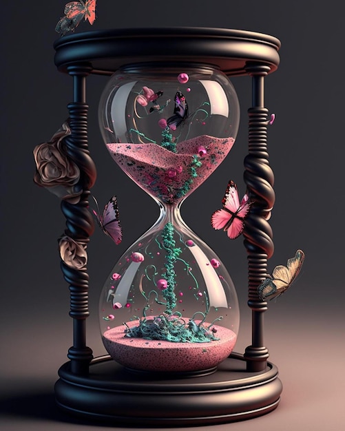 Un reloj de arena con mariposas y flores.