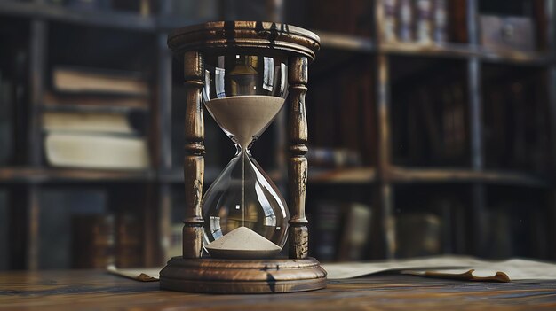 Reloj de arena en una mesa de madera en la biblioteca