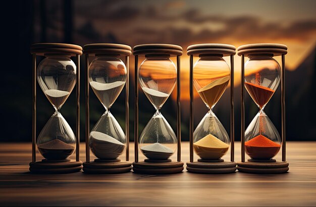 Reloj de arena en mesa de madera y fondo de puesta de sol Concepto de paso del tiempo creado por tecnología de IA generativa
