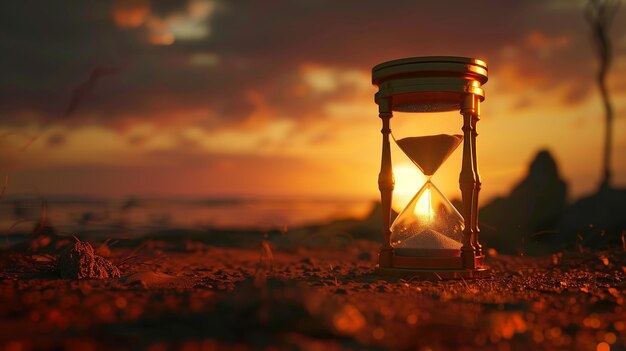 Reloj de arena en la playa al atardecer Concepto del paso del tiempo